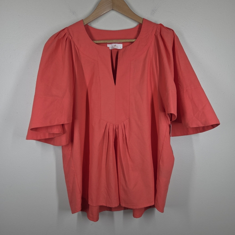 NWT Sunland 17 Coral Flutter Bell Sleeve Top Cotton Preppy Coastal Medium V-Neck